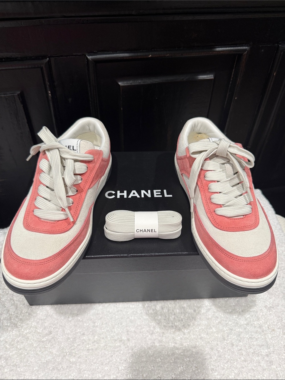 CHANEL Pink & Cream Low-Top Lace-Up Sneakers